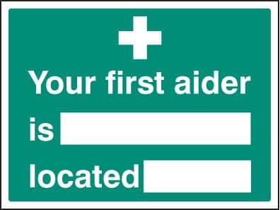 16038K Your first aider is located Rigid Plastic (400x300mm) Safety Sign
