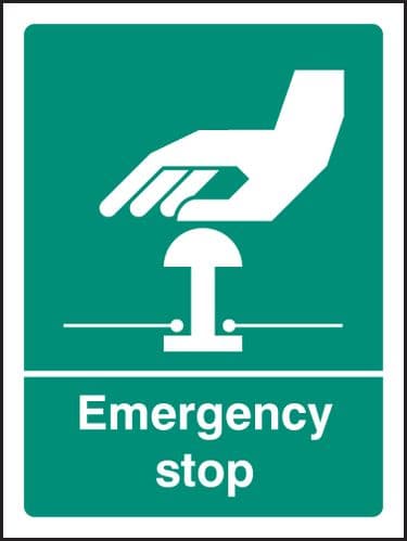 16055E Emergency stop (white/green) Rigid Plastic (200x150mm) Safety Sign