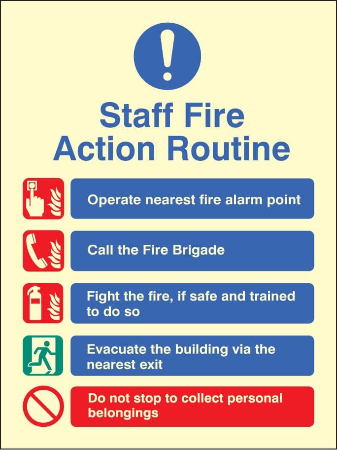 Photoluminescent Fire action for members of staff safety sign 