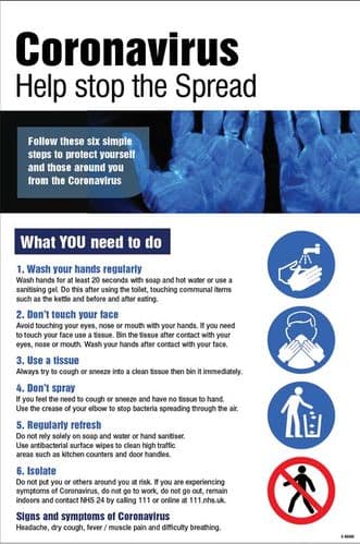 Coronavirus Help stop the Spread poster (420x594mm) synthetic paper