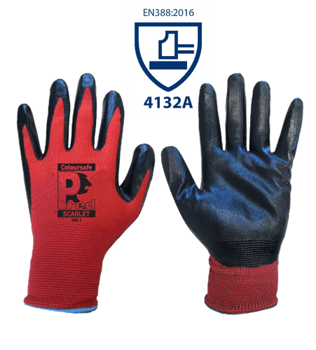 Coloursafe Pred Scarlet Red smooth nitrile coated grippa glove size 8 (med)