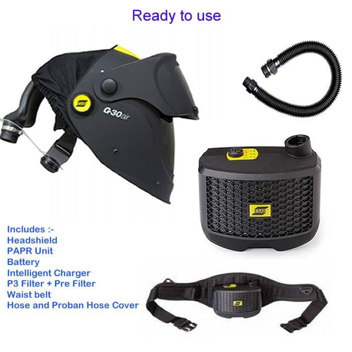 Esab G30 shade 10 prepared for air + PAPR unit ready to use.