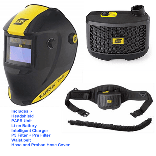 Esab WARRIOR Tech welding Mask with Esab PAPR Air fed respirator - complete outfit ready to go, charge the  battery and weld.