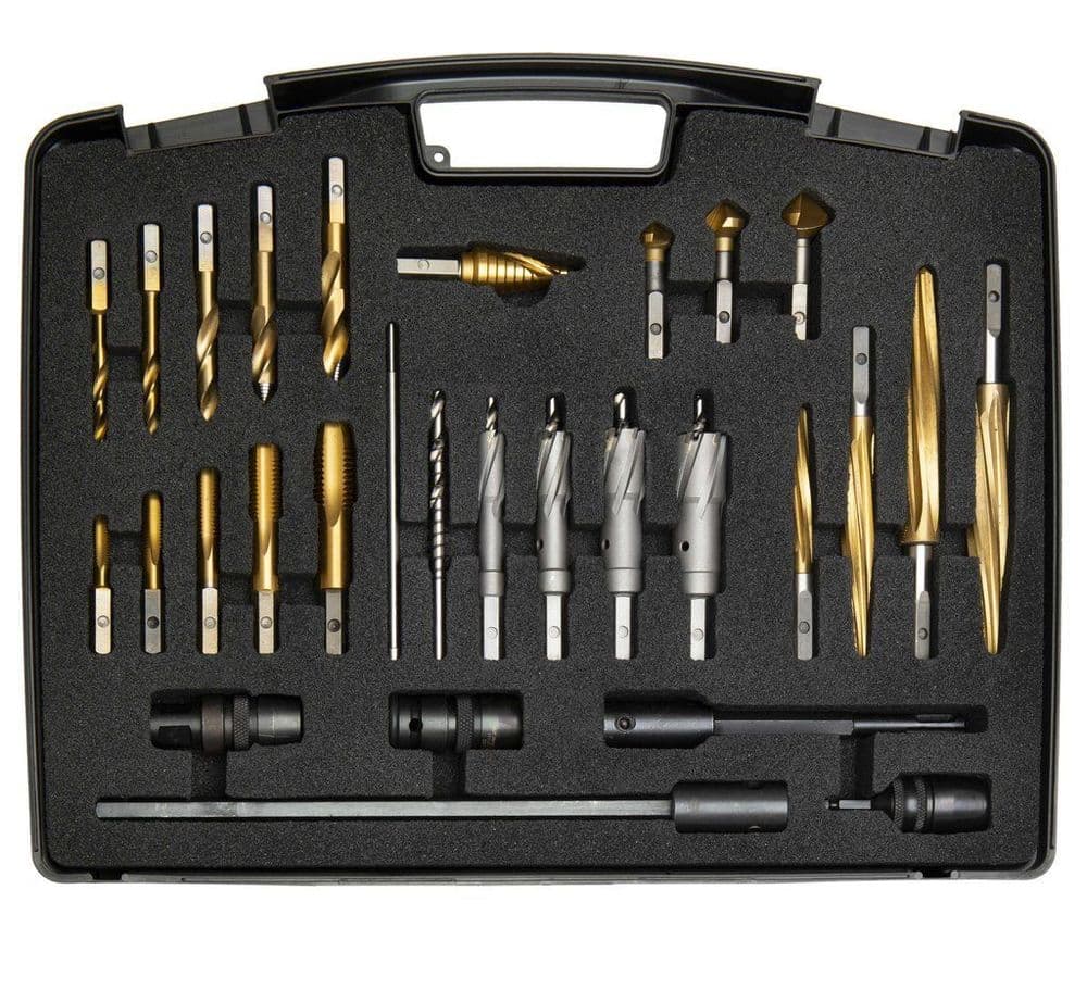 HMT Versadrive site essential kit, 30 piece metric taps, reamers , tct cutters and drills.