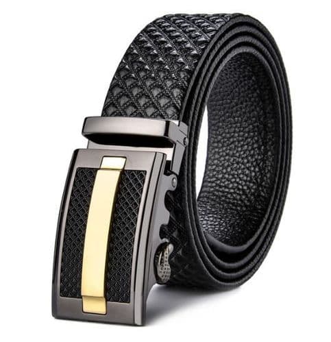 Belt Men's Black Cowskin Leather Mens Business Belts Embossed Black/Gold Auto Buckle Zabardo