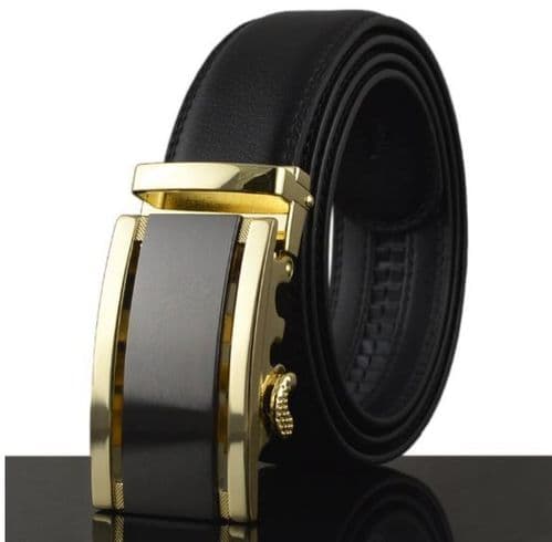 Belt Men's Black Genuine Leather Cowskin Mens Belts Designer Auto Buckle Black/Gold - Zabardo