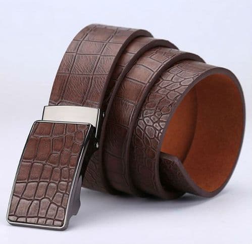 Belt Men's Brown Genuine Leather Cowskin Mens Belts Auto Buckle Crocodile - Zabardo