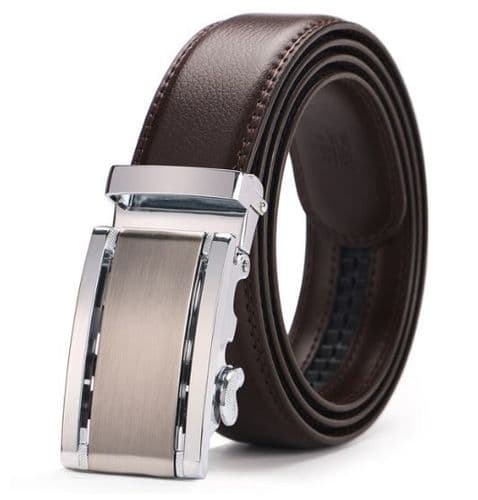 Belt Men's Brown Genuine Leather Cowskin Mens Belts Designer Auto Buckle Silver - Zabardo