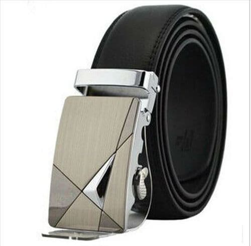 Belt Men's Cowskin Black Genuine Leather Belt - Auto Buckle Abstract Design