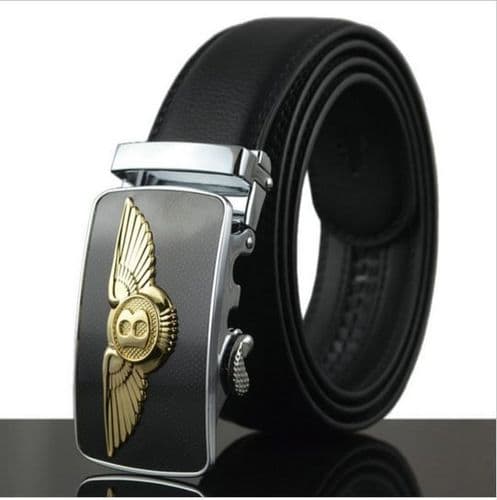 Belt Men's Cowskin Black Genuine Leather Belt - Auto Buckle Bentley Emblem