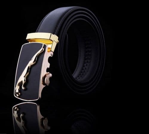 Belt Men's Cowskin Black Genuine Leather Belt Auto Buckle Gold Jag Emblem - Zabardo