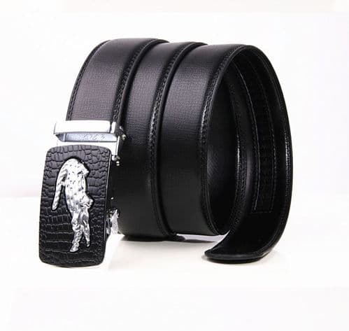 Belt Men's Cowskin Black Genuine Leather Belt - Auto  Buckle -Silver  Crocodile Logo - Zabardo