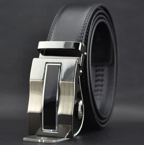 Belt Men's Cowskin Black Genuine Leather Belt - Automatic Buckle Black & Silver New