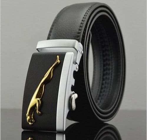 Belt Men's Cowskin Black Genuine Leather Belt Jaguar Gold/Silver Buckle  - Zabardo