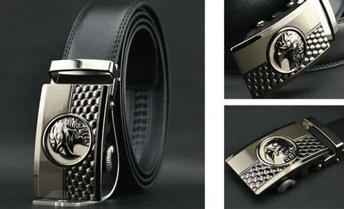 Belt Mens Cowskin Black Genuine Leather Belt Auto Buckle Eagle Embossed  - Zabardo