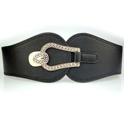 Belt Women's Belt Elastic Black Faux Leather Gold Buckle Ladies Stretch Belt - Zabardo