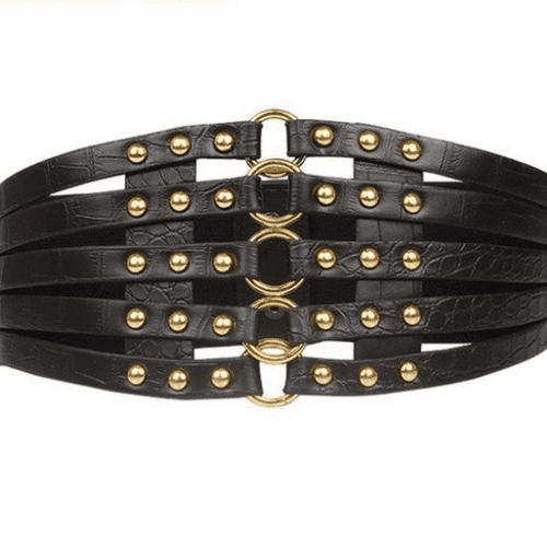 Belt Women's Elastic Belts Black Stretch Gold Studs &O  Rings Steampunk Style Zabardo