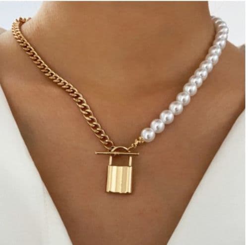 Pearl & Chain Necklace with Padlock Drop & Toggle Fastener Women's  Fashion Jewelry Zabardo