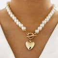 Pearl Necklace with Heart Drop &  Gold Lariat Fastener Women's  Fashion Jewelry Zabardo