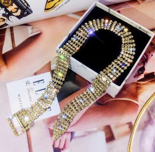Women's Rhinestone Belt Style Choker Gold Metal Sexy Fashion Jewelry Zabardo
