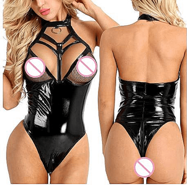 Womens Black Dominatrix Patent Leather Look Bodysuit  (Size S-XXL) Zabardo